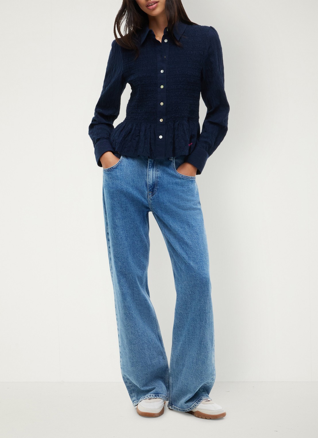 Tommy Hilfiger Blouse met smockwerk en peplum  - voorkant 2 donkerblauw