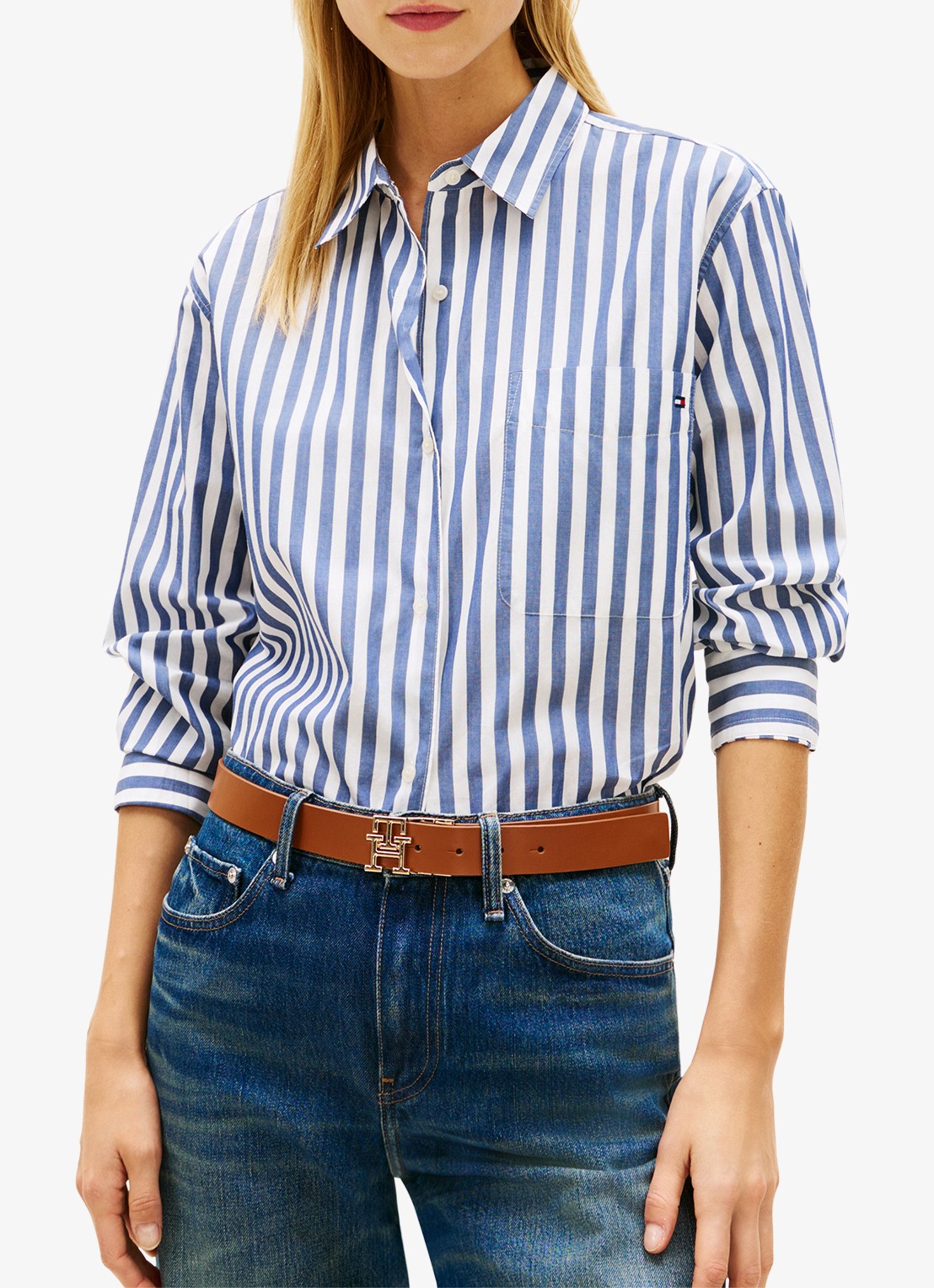 Tommy Hilfiger Blouse met streepprint en borstzak - detail 3 lichtblauw