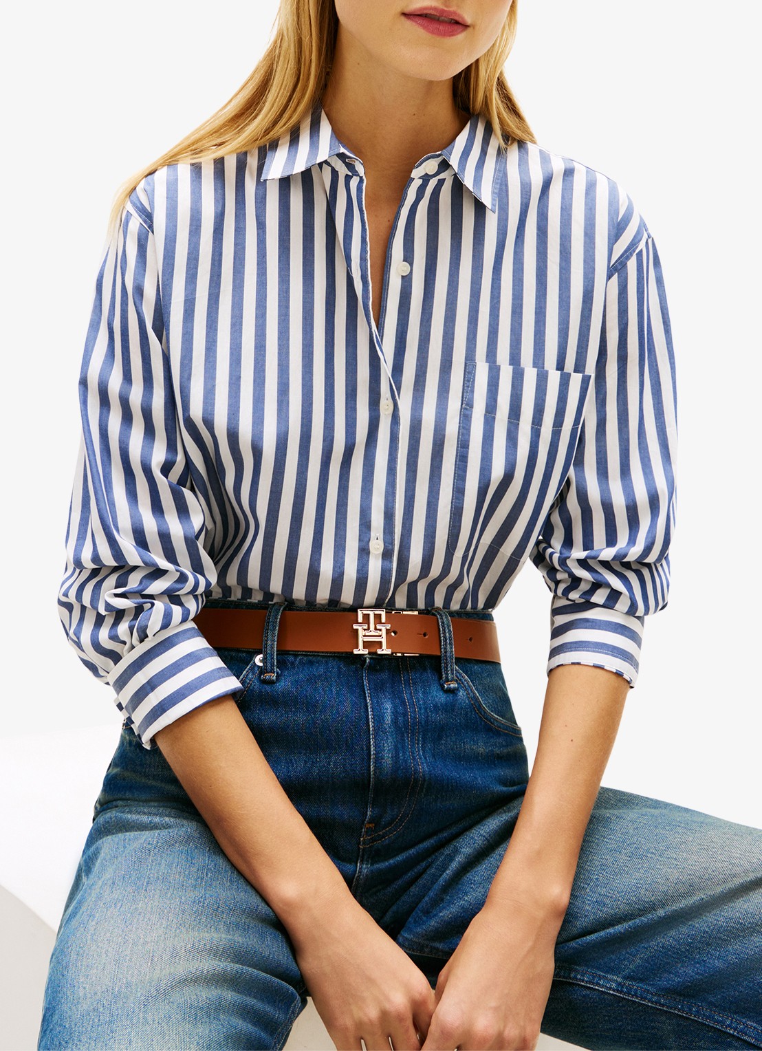Tommy Hilfiger Blouse met streepprint en borstzak - detail 4 lichtblauw