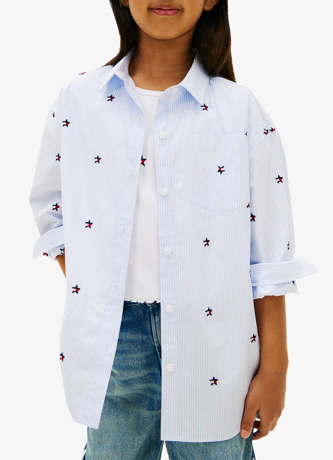 Tommy Hilfiger Blouse met streepprint en borstzak - detail lichtblauw