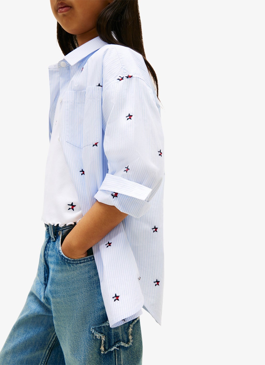 Tommy Hilfiger Blouse met streepprint en borstzak - detail 2 lichtblauw