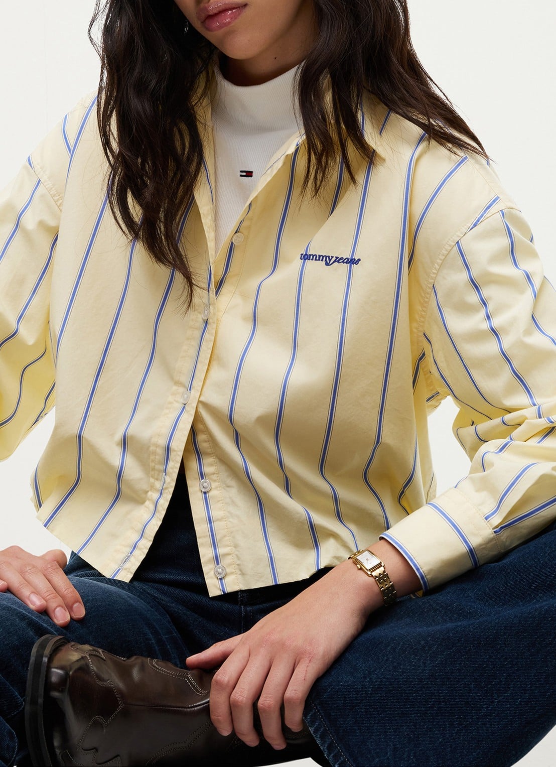 Tommy Hilfiger Blouse met streepprint en logoborduring - detail 4 geel