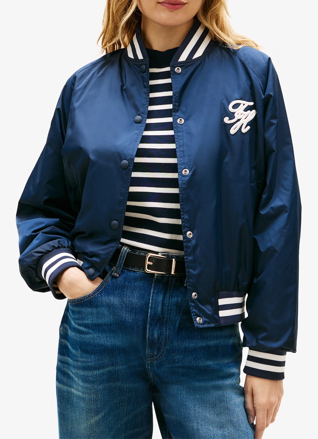 Tommy Hilfiger Bomberjack met logoborduring en backprint - detail 4 donkerblauw