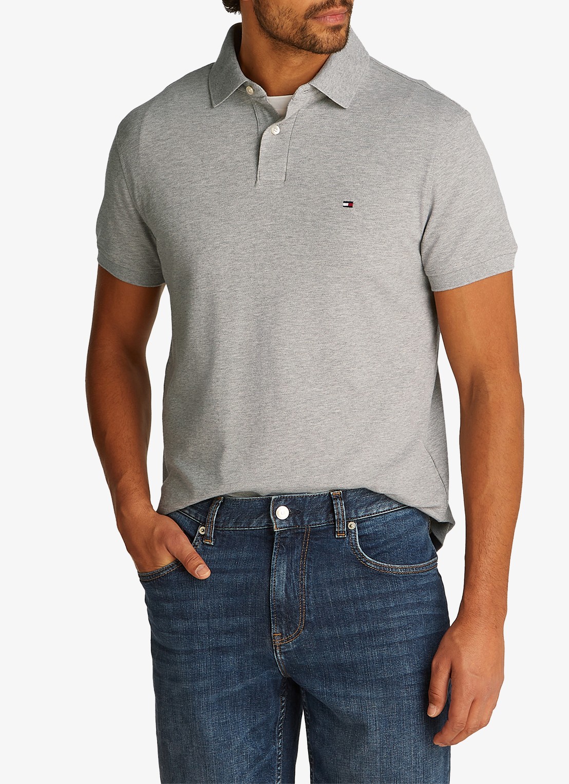 Tommy Hilfiger Core regular fit polo van piqué katoen met logoborduring - detail 4 light grey heather-p01 / grijs