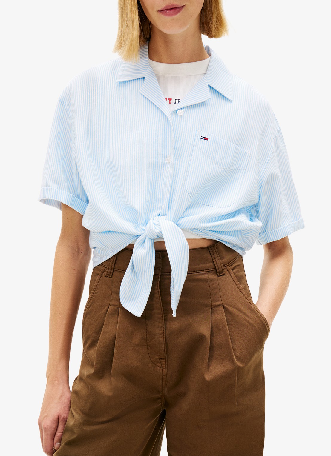 Tommy Hilfiger Cropped blouse in linnenblend met streepprint - detail 2 lichtblauw