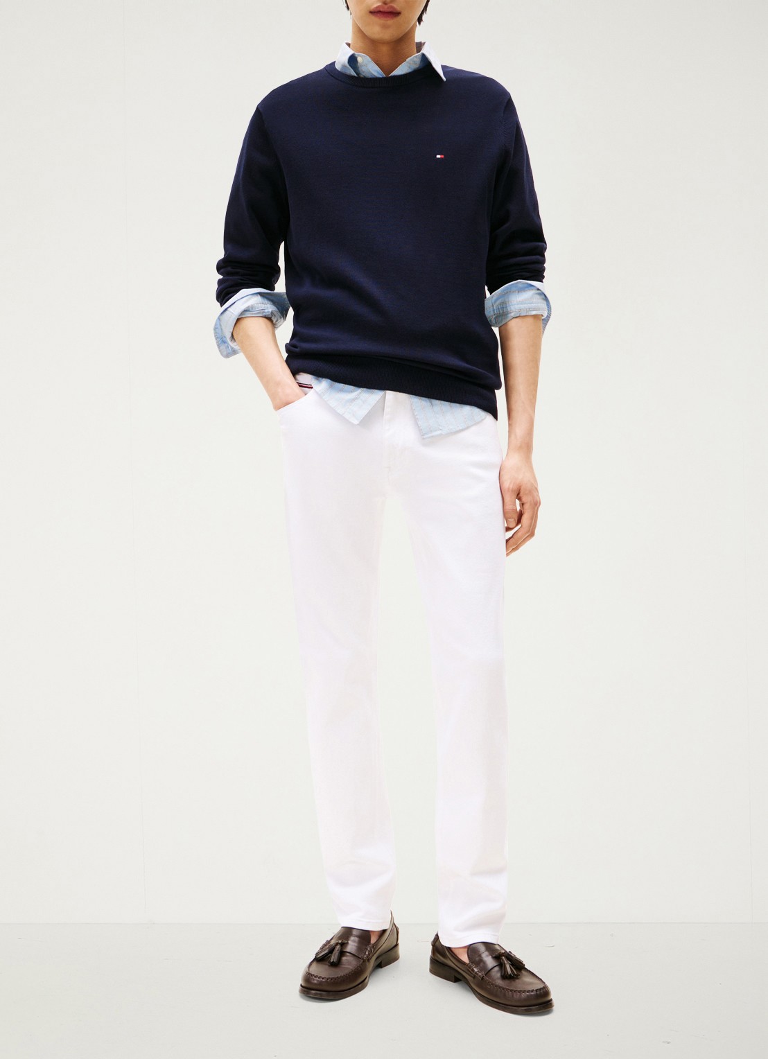 Tommy Hilfiger Essential fijngebreide pullover met logo - voorkant 2 blauw