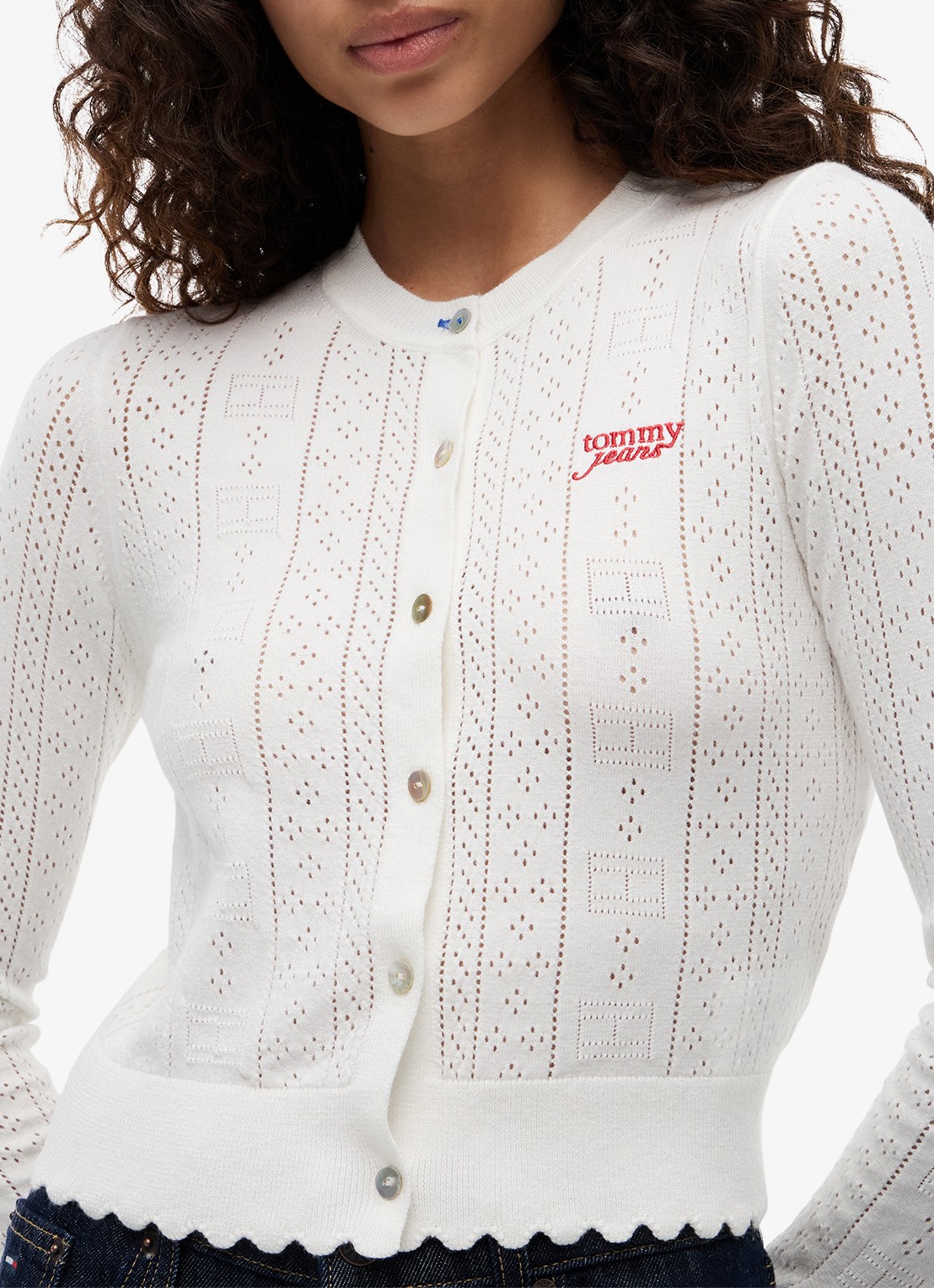 Tommy Hilfiger Fijngebreid vest met opengewerkt dessin - detail 2 gebroken wit