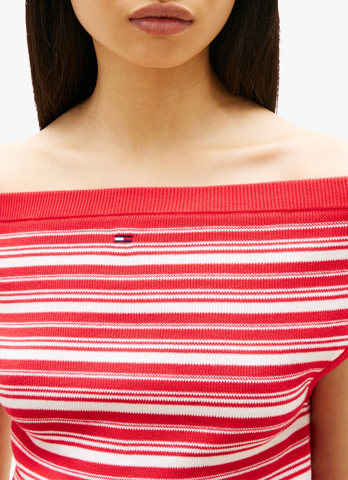 Tommy Hilfiger Fijngebreide off-shoulder top met streepprint - detail 5 rood