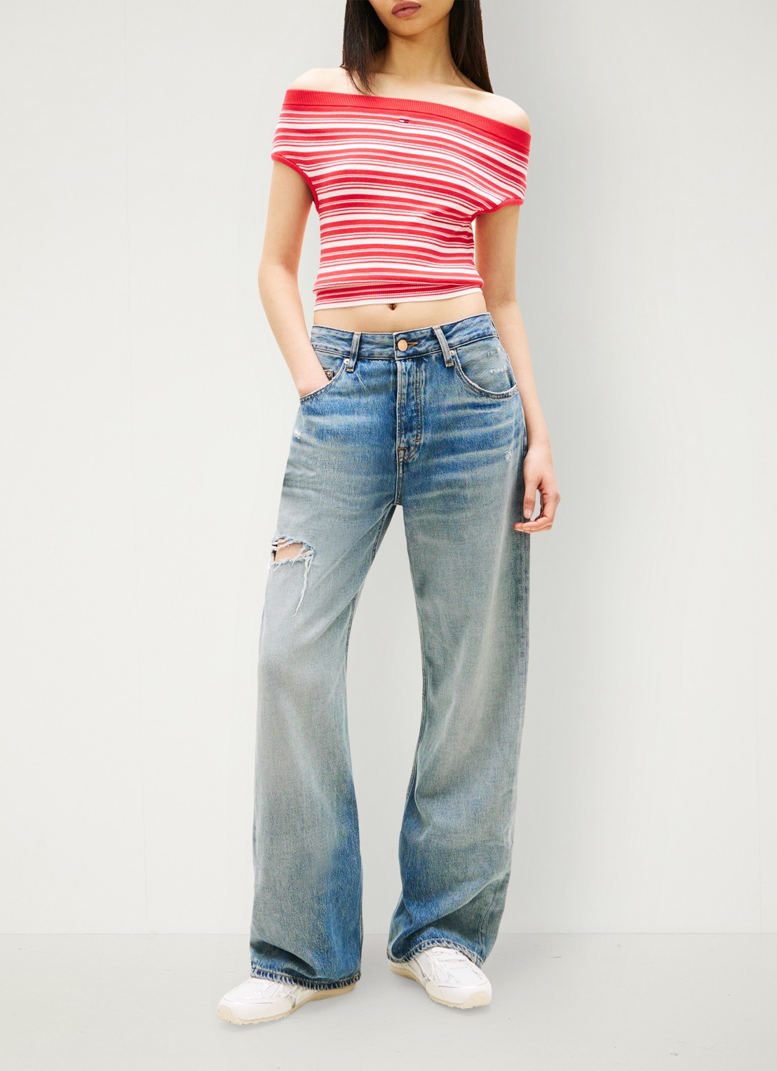 Tommy Hilfiger Fijngebreide off-shoulder top met streepprint - voorkant 3 rood