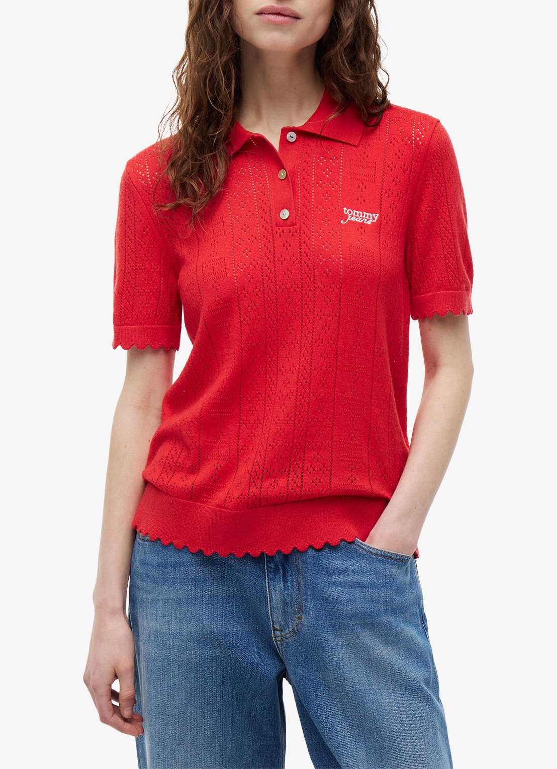 Tommy Hilfiger Fijngebreide polo met opengewerkt dessin - detail 2 rood