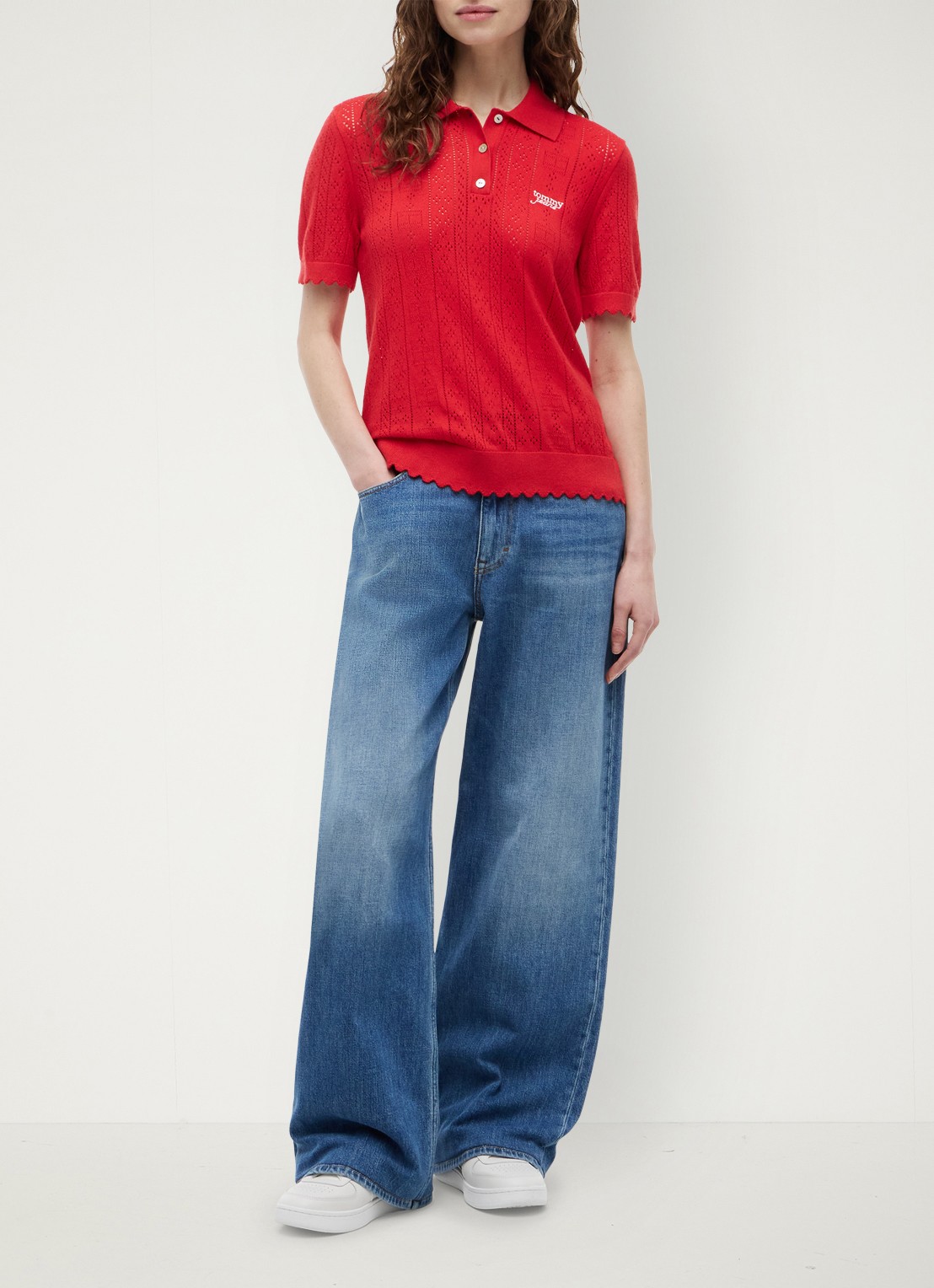 Tommy Hilfiger Fijngebreide polo met opengewerkt dessin - voorkant 5 rood