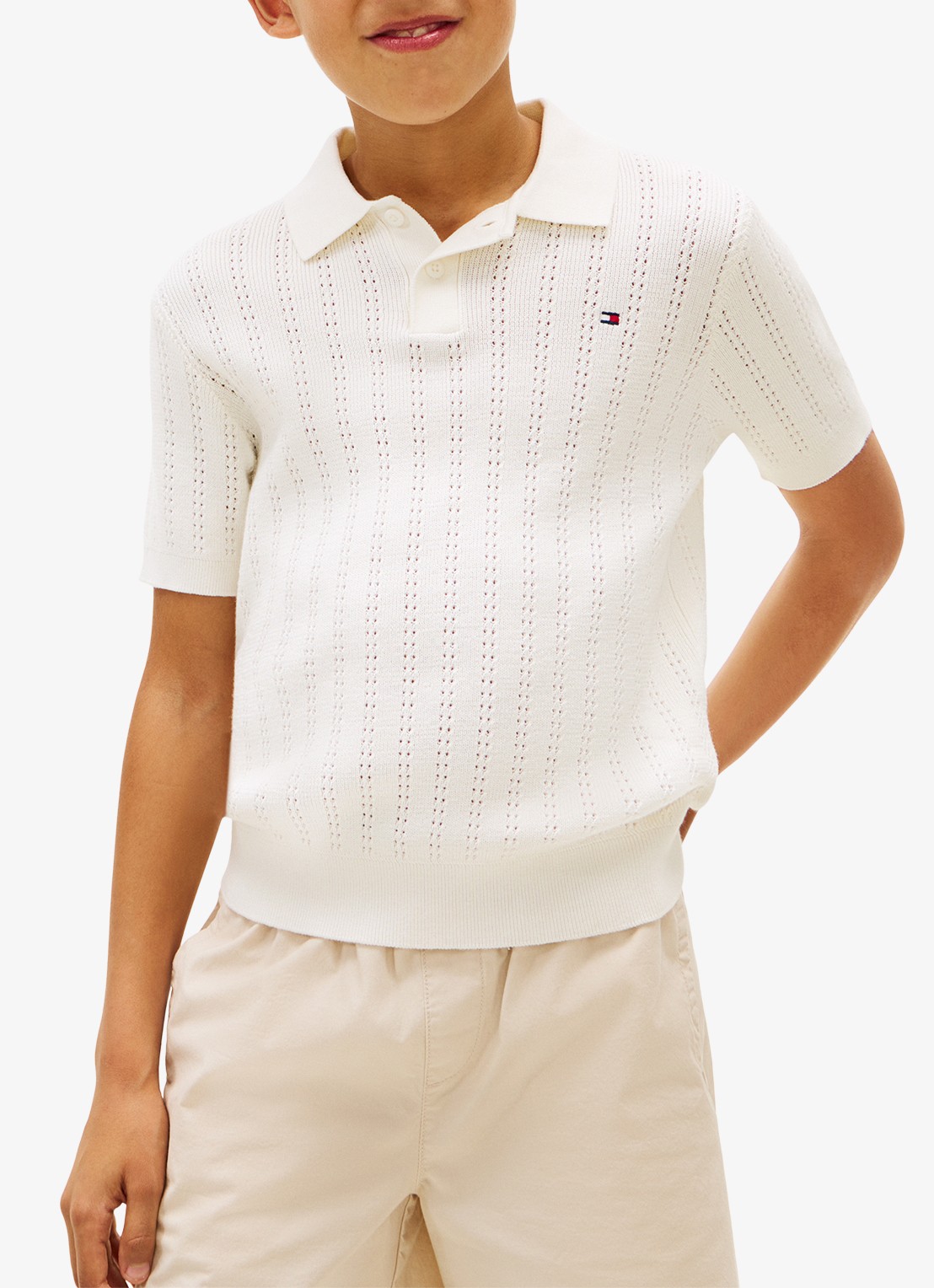 Tommy Hilfiger Fijngebreide polo met opengewerkt detail  - detail wit