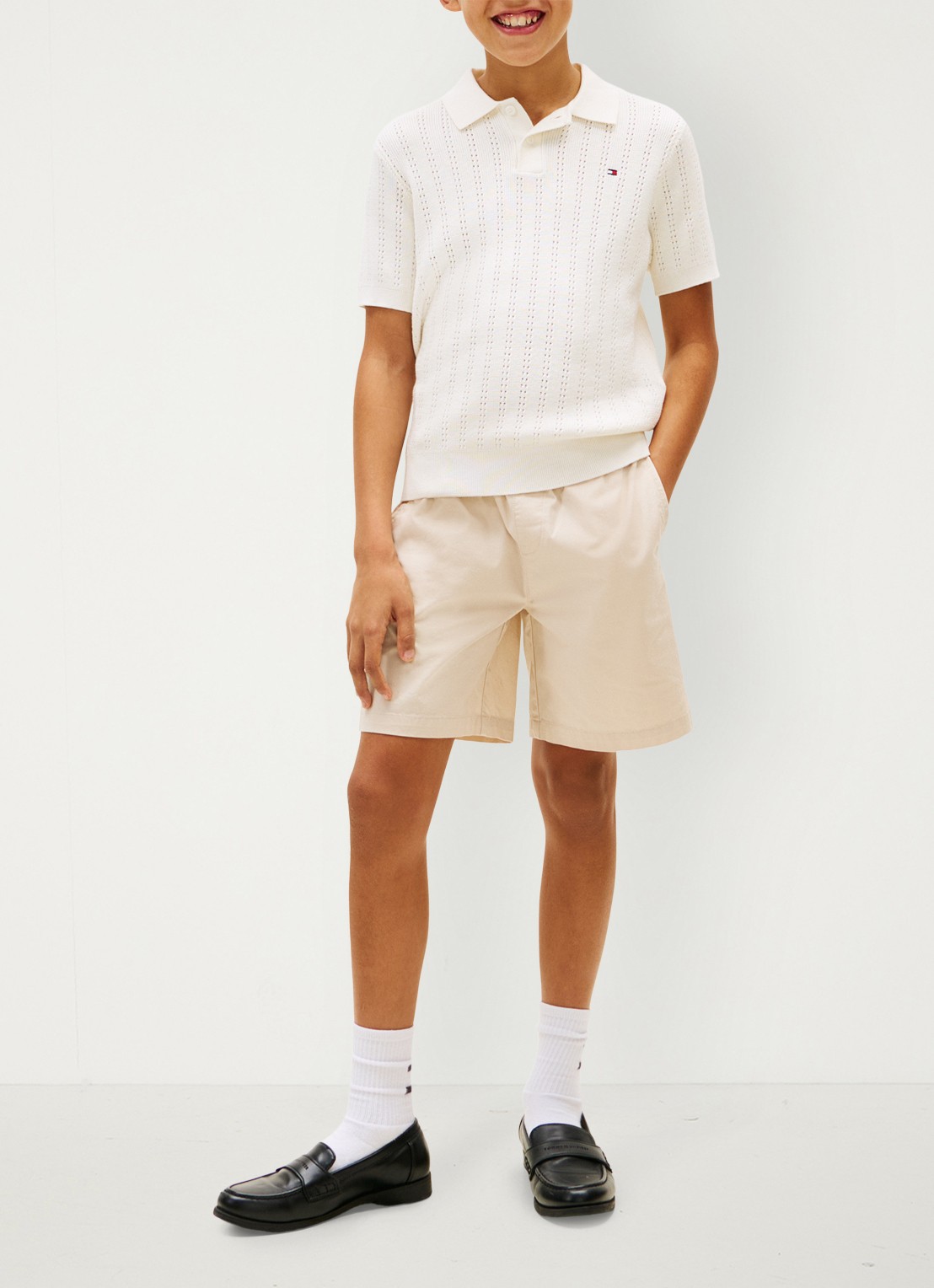 Tommy Hilfiger Fijngebreide polo met opengewerkt detail  - voorkant 4 wit