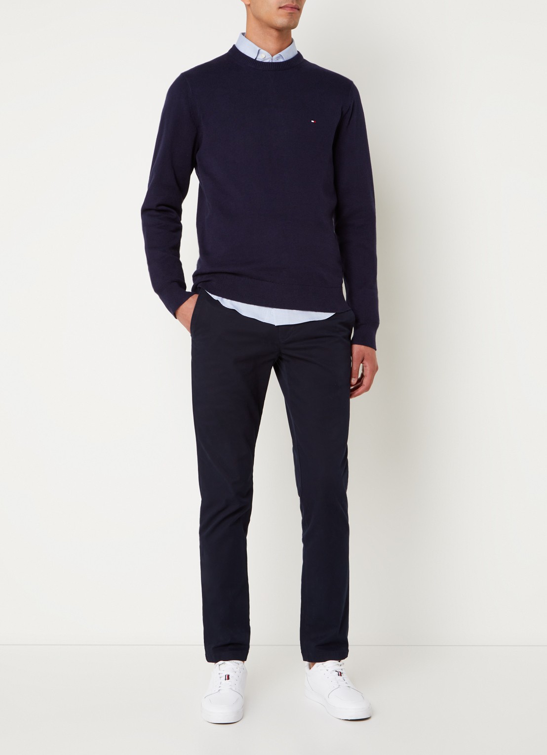 Tommy Hilfiger Fijngebreide pullover in kasjmierblend met logoborduring - voorkant 2 donkerblauw