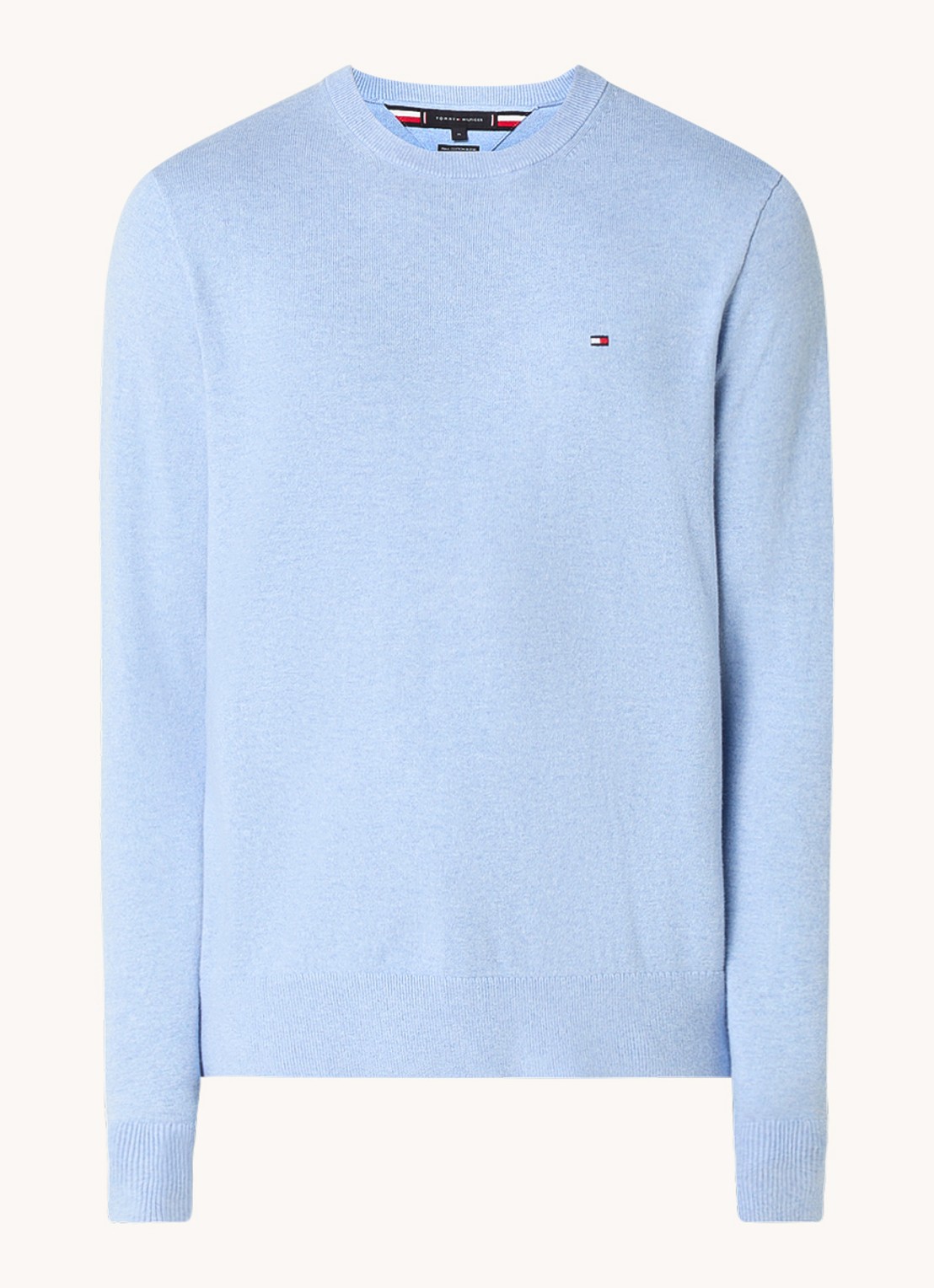 Tommy Hilfiger Fijngebreide pullover in kasjmierblend met logoborduring - voorkant lichtblauw