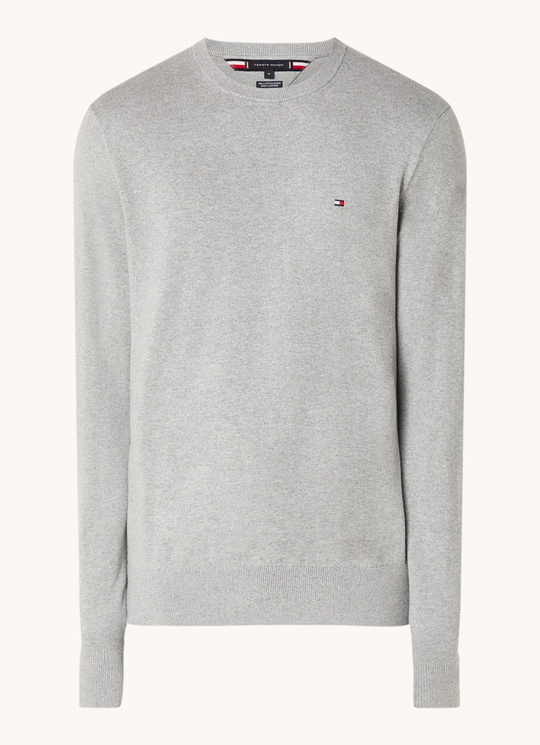 Tommy Hilfiger Fijngebreide pullover in kasjmierblend met logoborduring - voorkant lichtgrijs