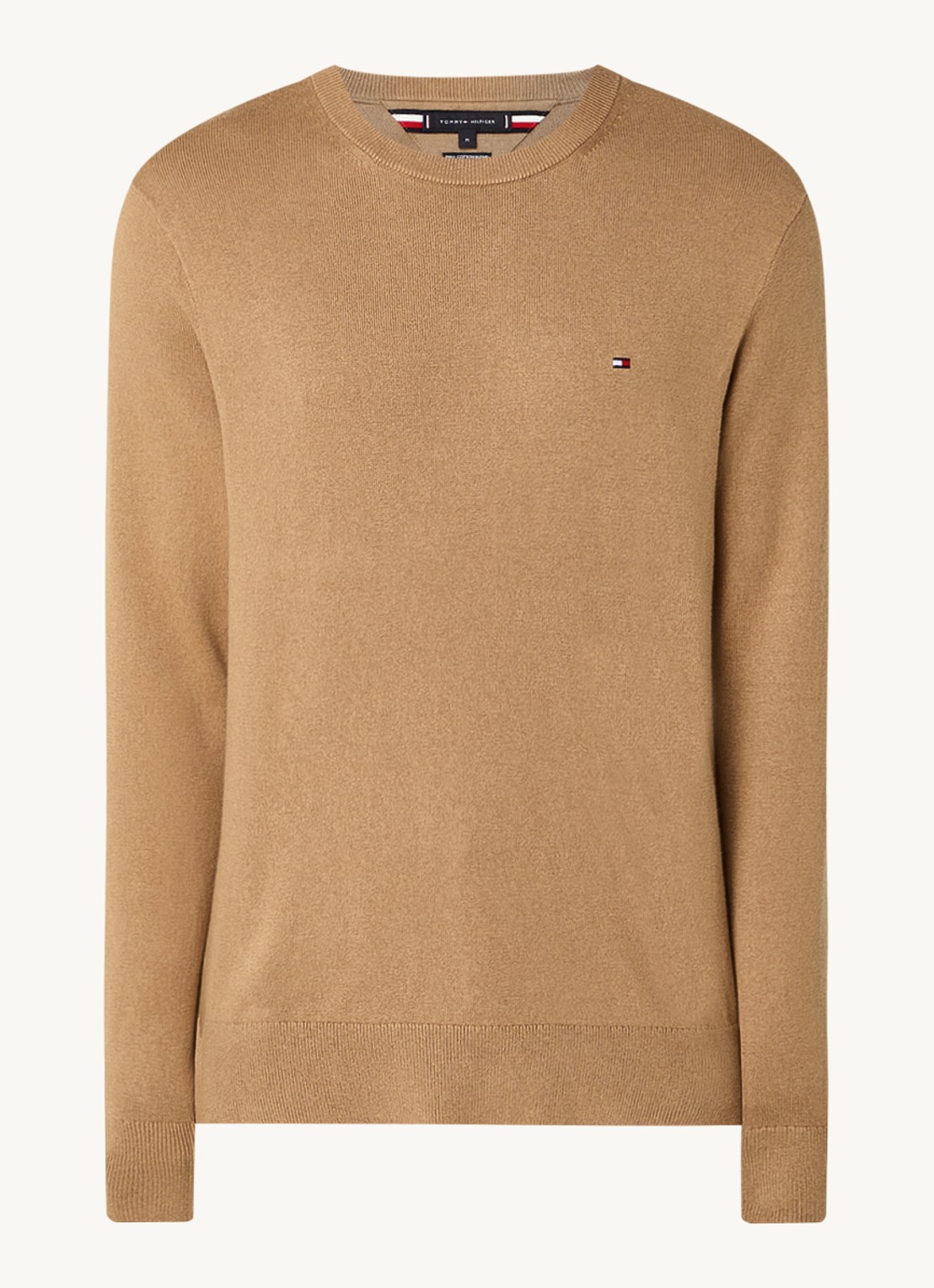 Tommy Hilfiger Fijngebreide pullover in kasjmierblend met logoborduring - voorkant lichtbruin