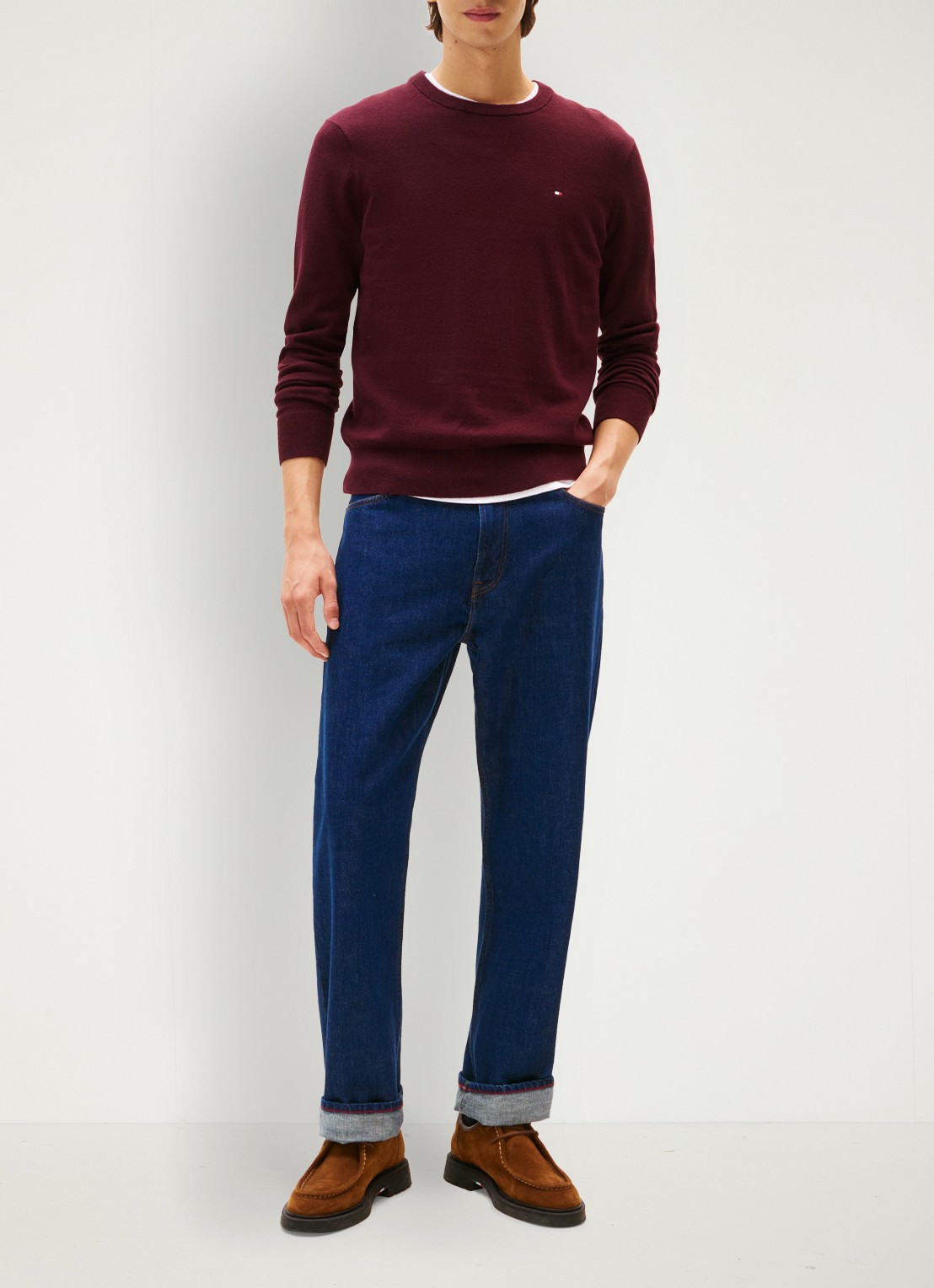 Tommy Hilfiger Fijngebreide pullover in kasjmierblend met logoborduring - voorkant 2 bordeauxrood