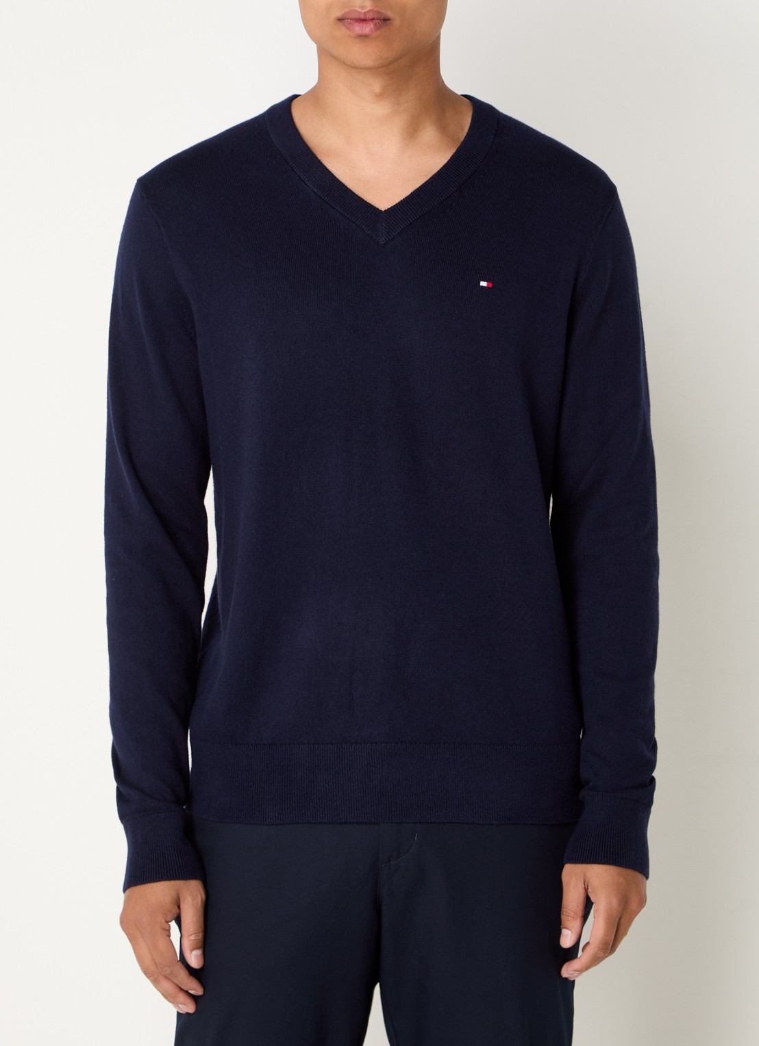 Tommy Hilfiger Fijngebreide pullover met logo - detail donkerblauw
