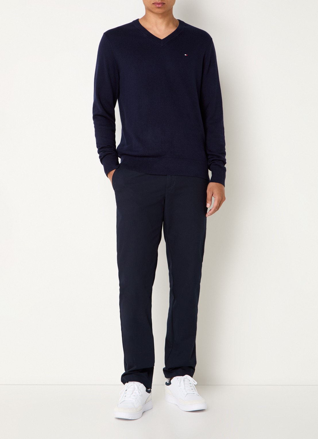 Tommy Hilfiger Fijngebreide pullover met logo - voorkant 4 donkerblauw