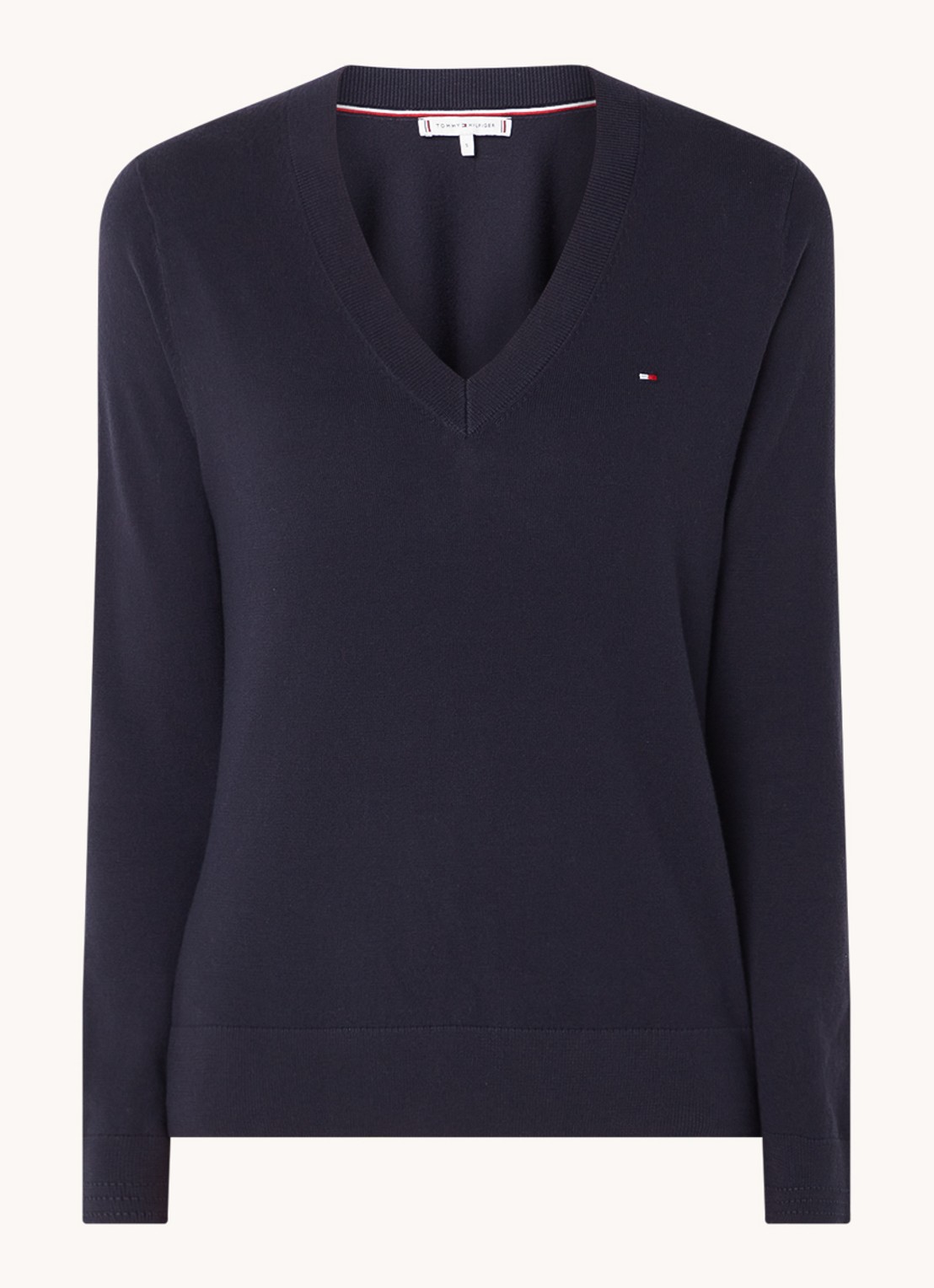 Tommy Hilfiger Fijngebreide pullover met logoborduring  - voorkant donkerblauw