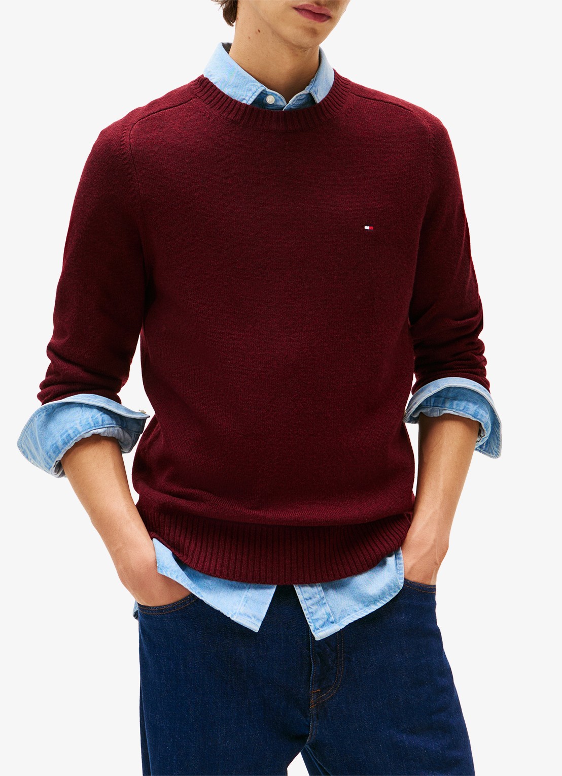 Tommy Hilfiger Fijngebreide pullover van lamswol - detail bordeauxrood