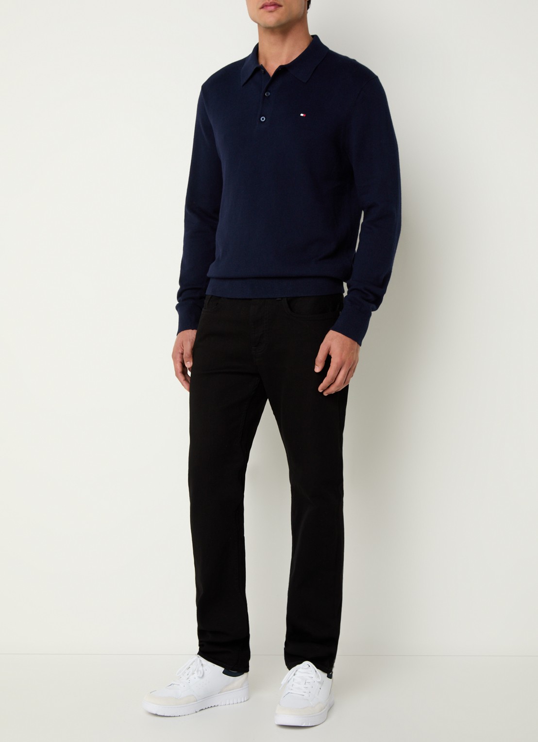 Tommy Hilfiger Fijngebreide regular fit polo in kasjmierblend met logo - voorkant 4 donkerblauw