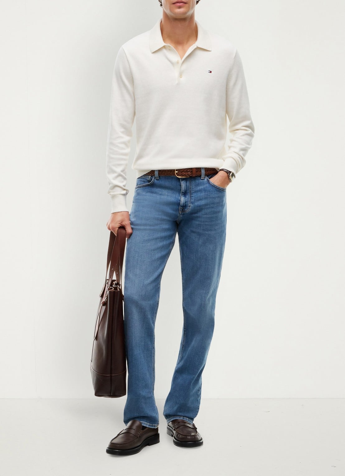 Tommy Hilfiger Fijngebreide regular fit polo in kasjmierblend met logo - voorkant 5 ivory petal-z00