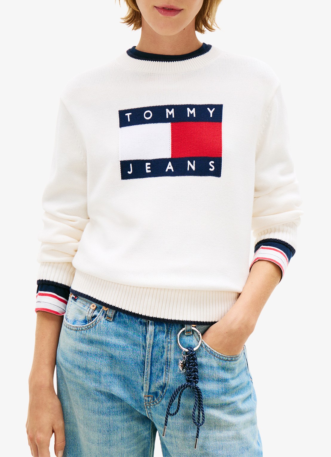 Tommy Hilfiger Fijngebreide trui met ingebreid logo - detail 3 wit