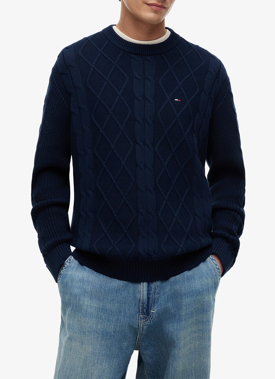 Tommy Hilfiger Fijngebreide trui met logo - detail donkerblauw
