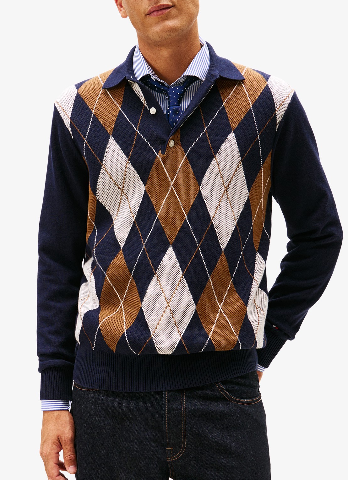 Tommy Hilfiger Fijngebreide trui met ruitdessin en polokraag - detail donkerblauw