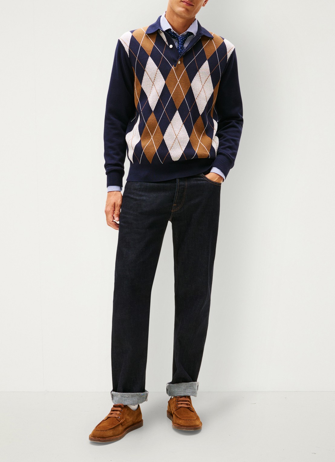 Tommy Hilfiger Fijngebreide trui met ruitdessin en polokraag - voorkant 5 donkerblauw