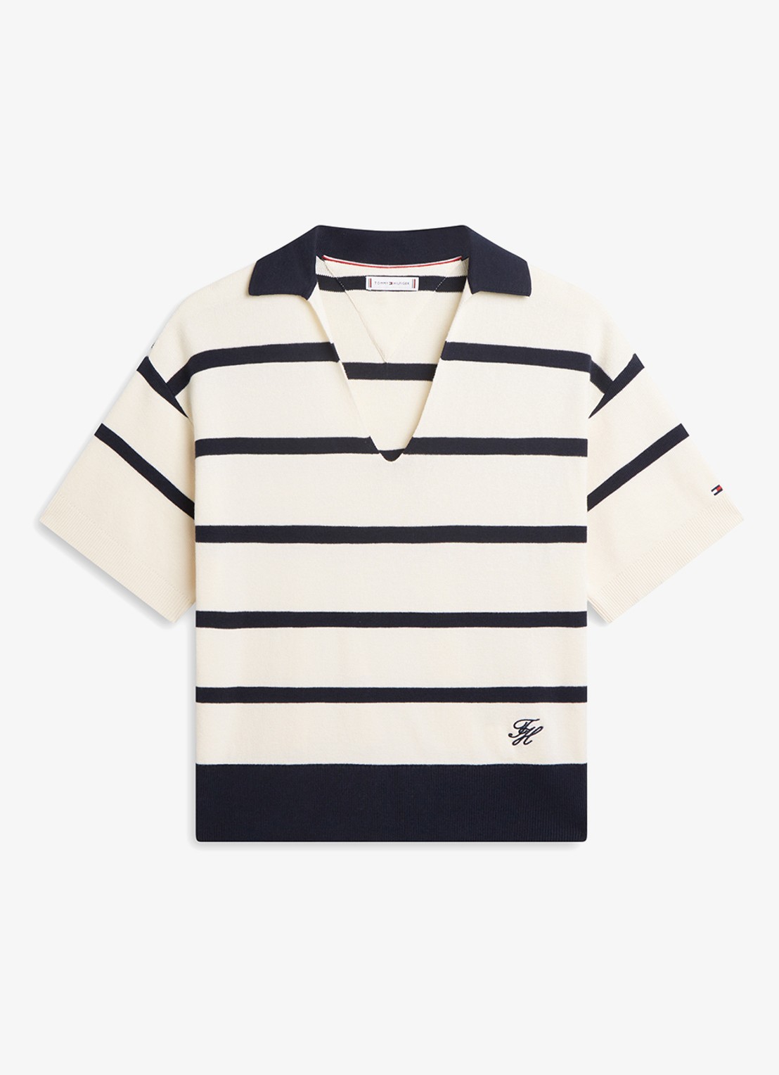 Tommy Hilfiger Fijngebreide trui met streepprint en polokraag - voorkant beige