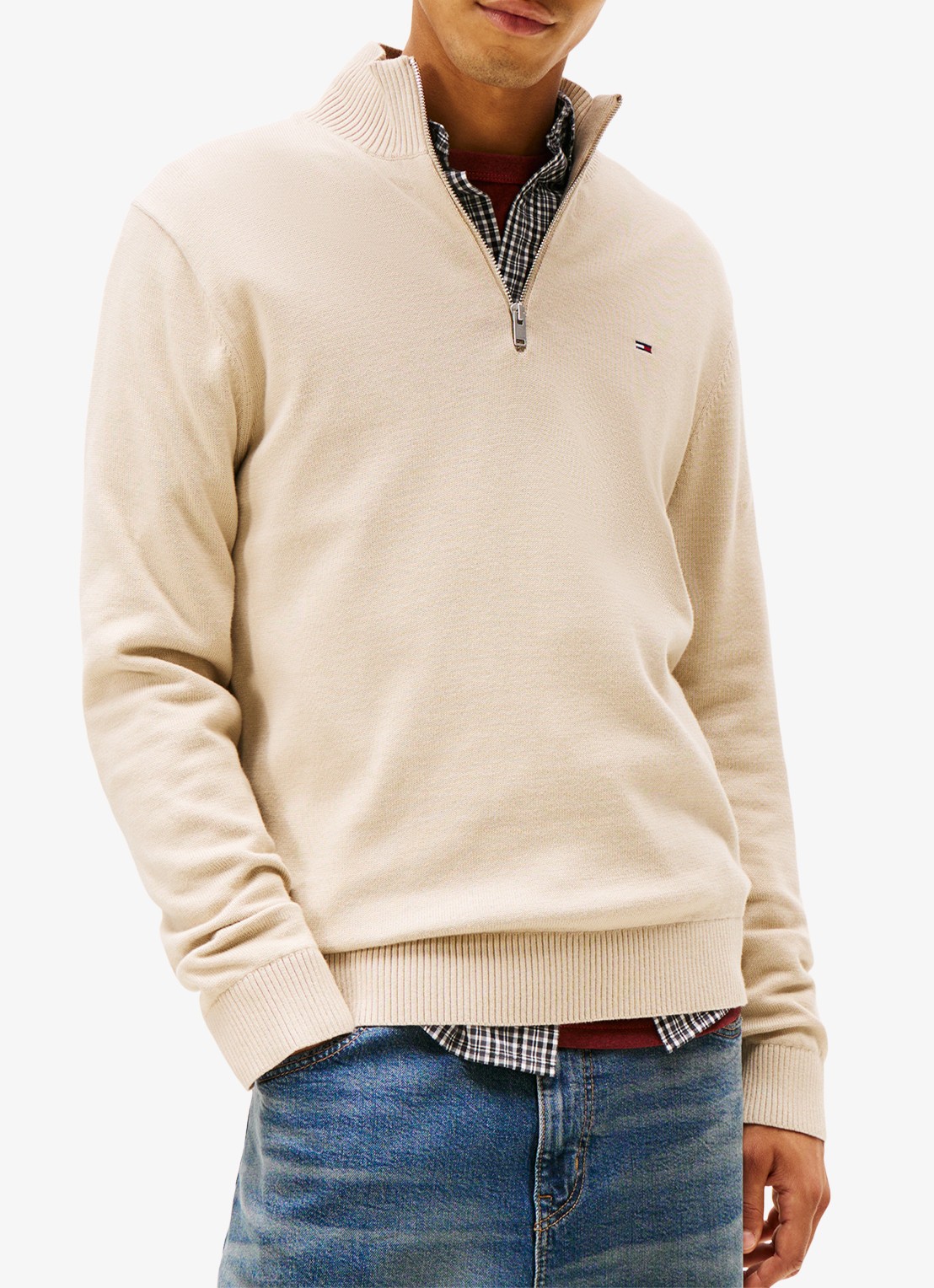 Tommy Hilfiger Fijngebreide trui van katoen met halve rits - detail 3 beige