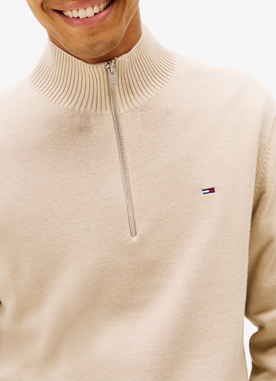 Tommy Hilfiger Fijngebreide trui van katoen met halve rits - detail 4 beige