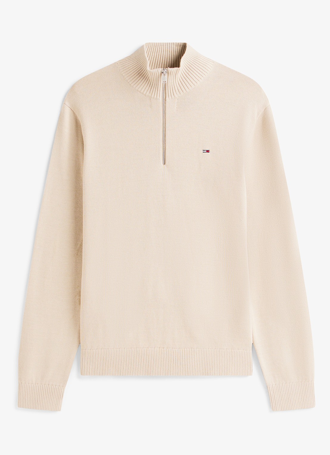 Tommy Hilfiger Fijngebreide trui van katoen met halve rits - voorkant beige