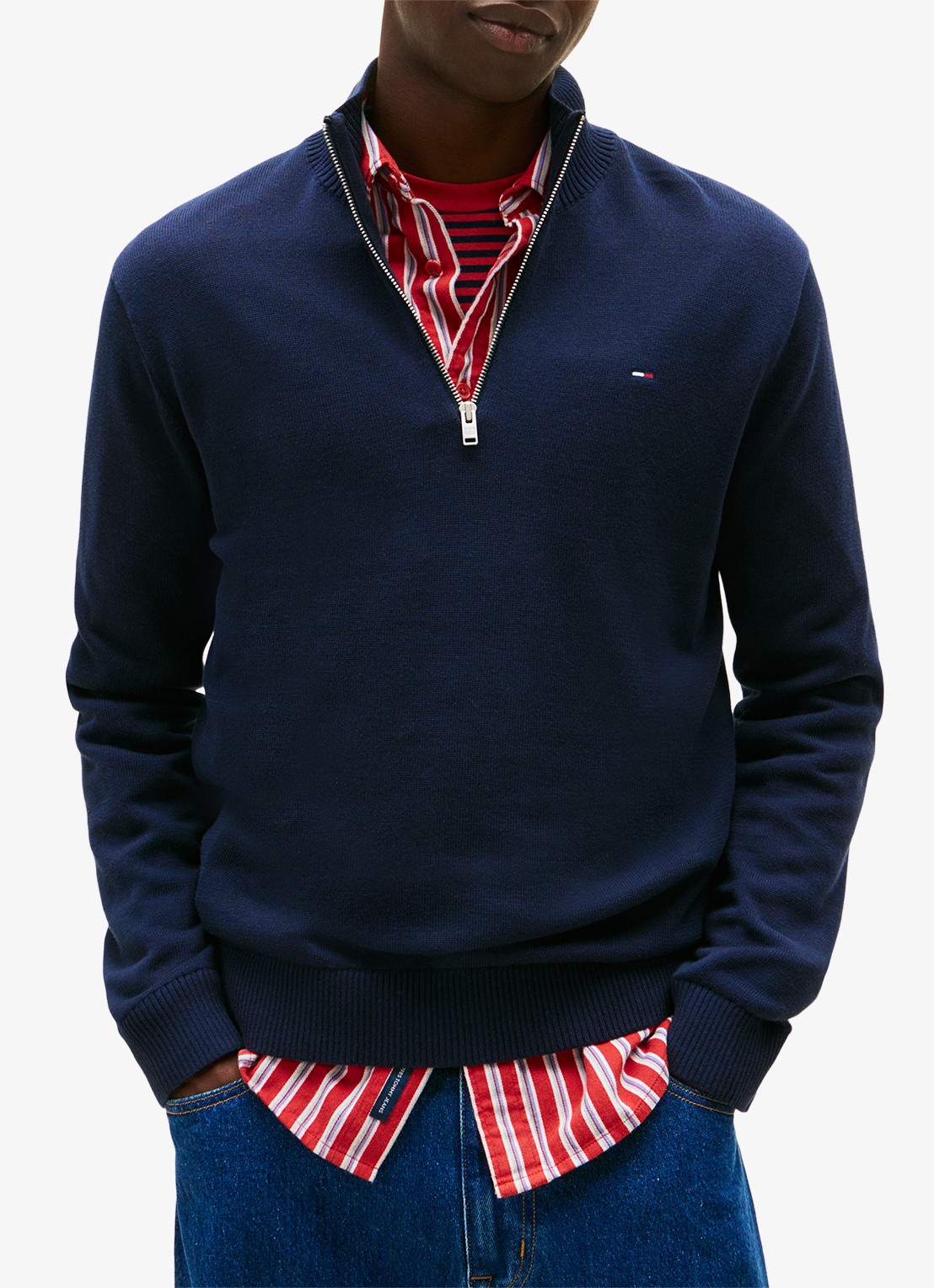 Tommy Hilfiger Fijngebreide trui van katoen met halve rits - detail donkerblauw