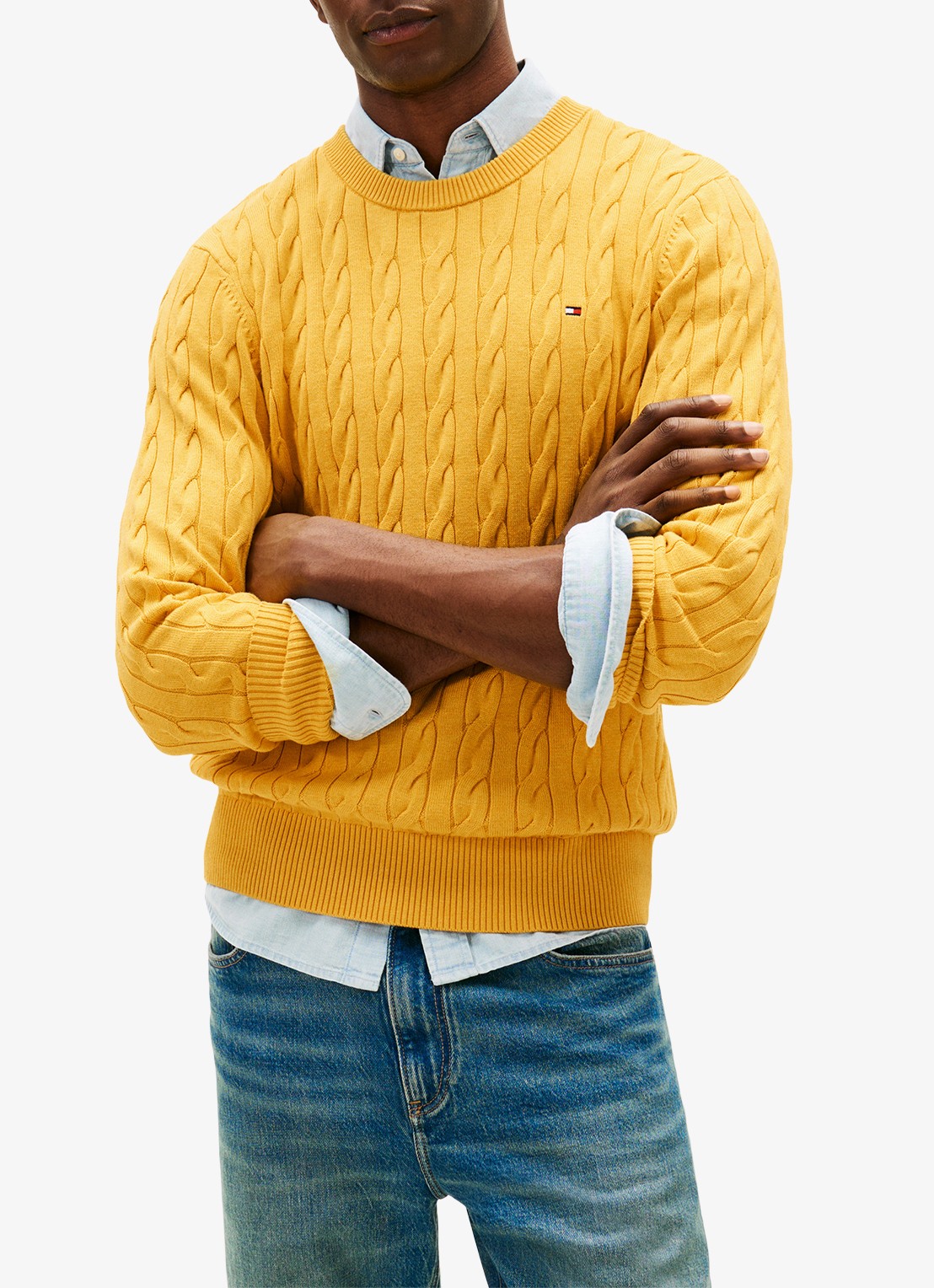 Tommy Hilfiger Flag Embroidery Cable Knit Jumper - detail morning side yellow heather-z05 / geel