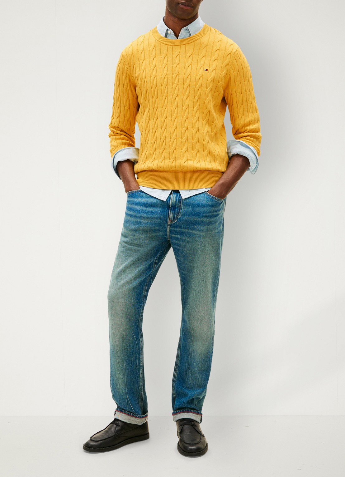 Tommy Hilfiger Flag Embroidery Cable Knit Jumper - voorkant 4 morning side yellow heather-z05 / geel