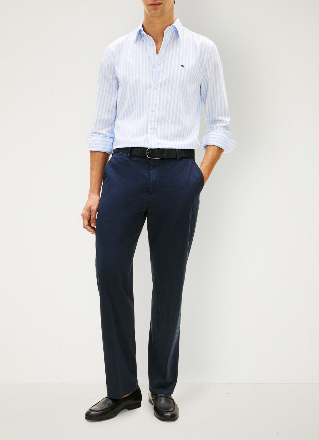 Tommy Hilfiger Flex Poplin overhemd met streepprint  - voorkant 3 lichtblauw