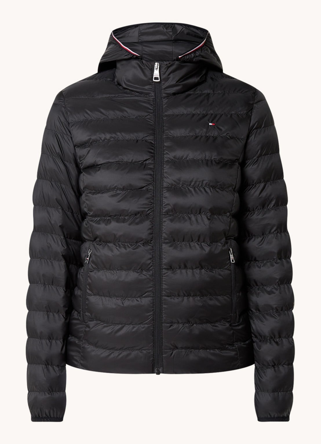 Tommy Hilfiger Gewatteerd jack met logo en ritszakken - voorkant 2 zwart
