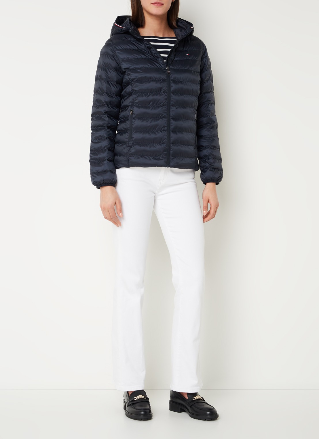 Tommy Hilfiger Gewatteerd jack met logo en ritszakken - voorkant 3 donkerblauw