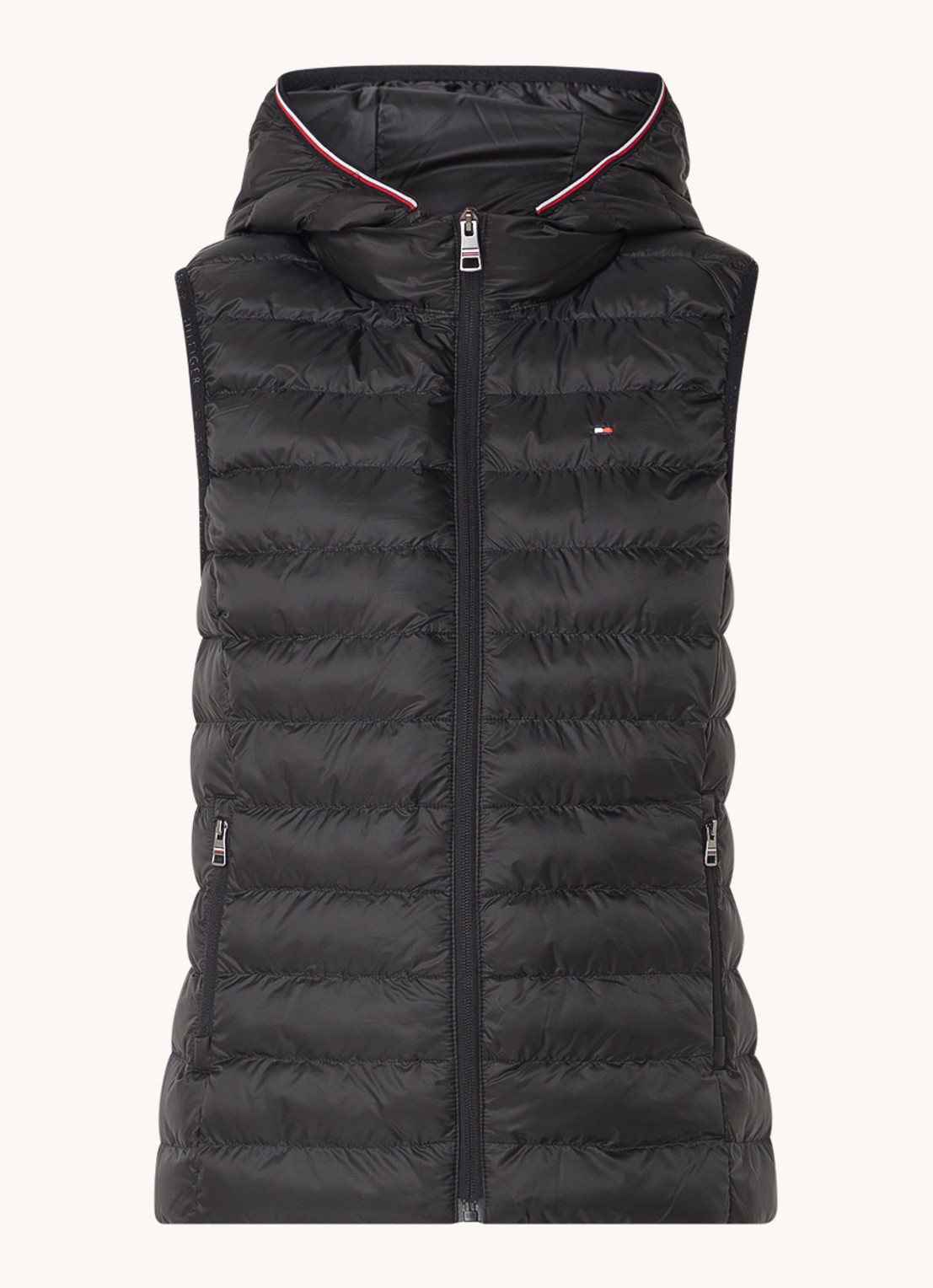 Tommy Hilfiger Gewatteerde bodywarmer met ritszakken en capuchon - voorkant zwart