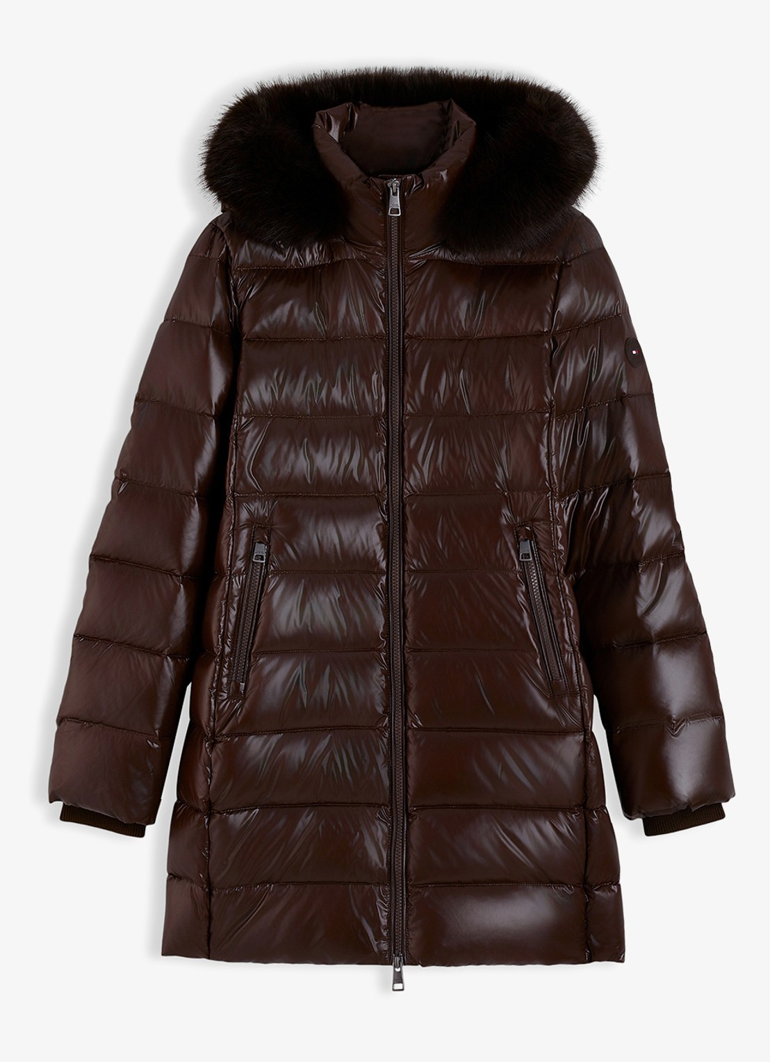 Tommy Hilfiger Gewatteerde puffer jas met imitatiebont  - voorkant donkerbruin