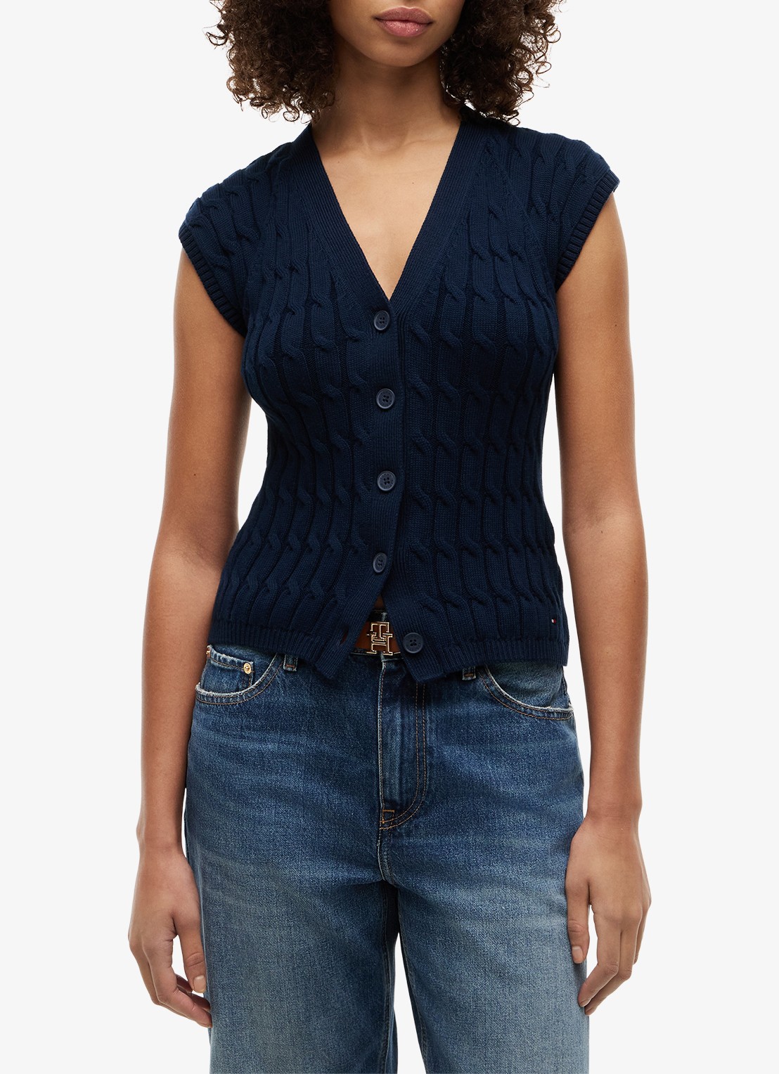 Tommy Hilfiger Grofgebreid vest met logoborduring - detail 4 donkerblauw