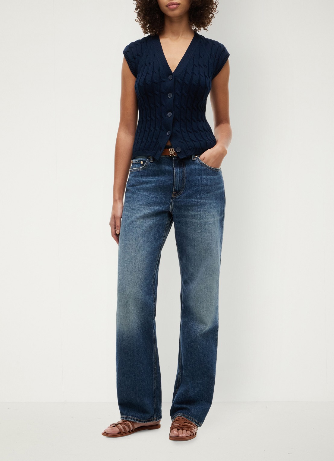 Tommy Hilfiger Grofgebreid vest met logoborduring - voorkant 2 donkerblauw