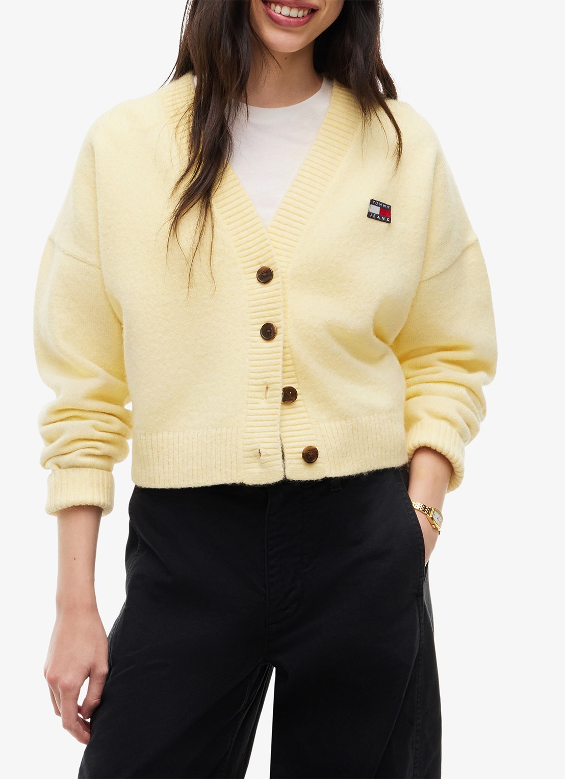 Tommy Hilfiger Grofgebreid vest met logoborduring - detail lichtgeel