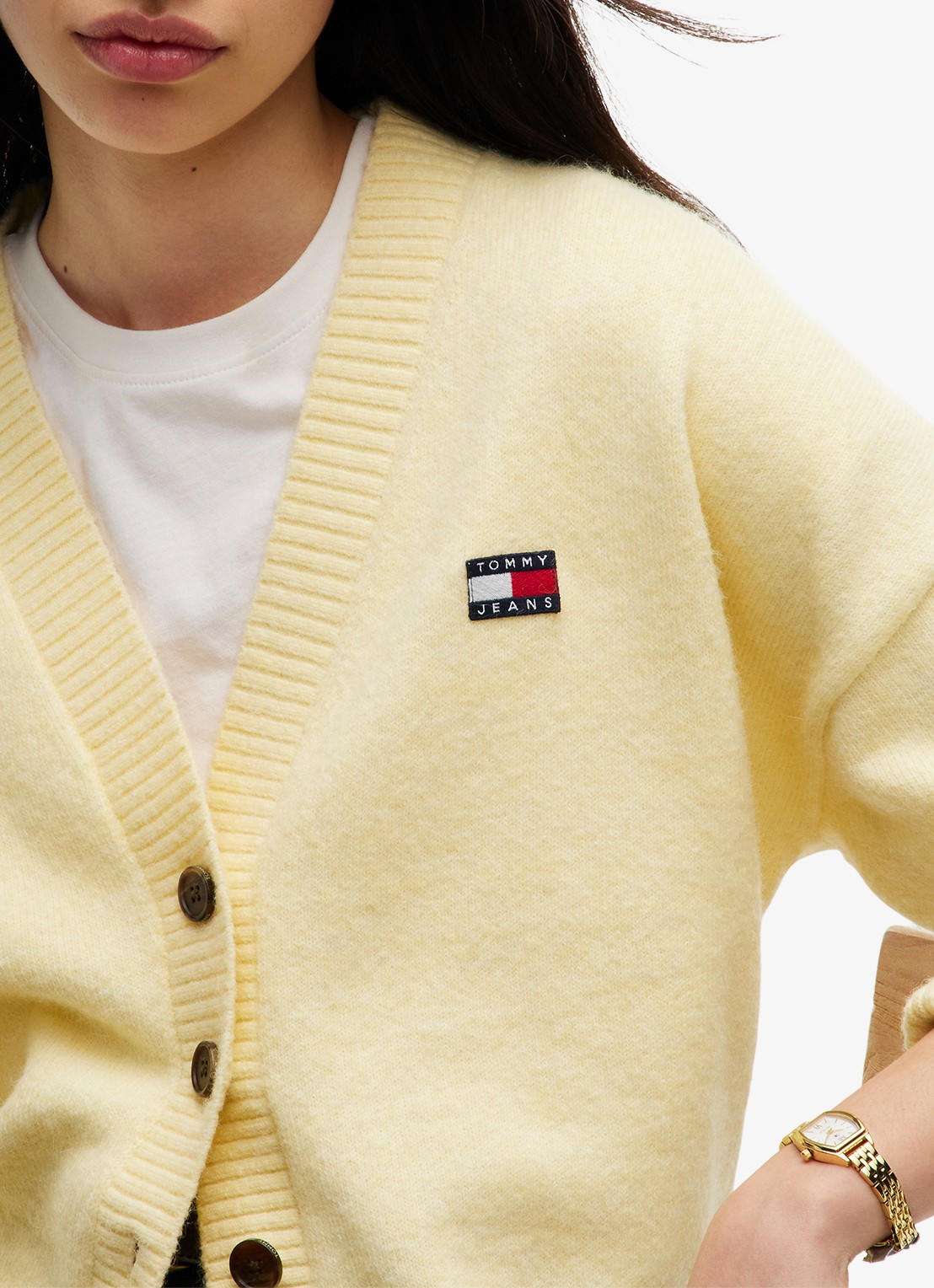 Tommy Hilfiger Grofgebreid vest met logoborduring - detail 2 lichtgeel
