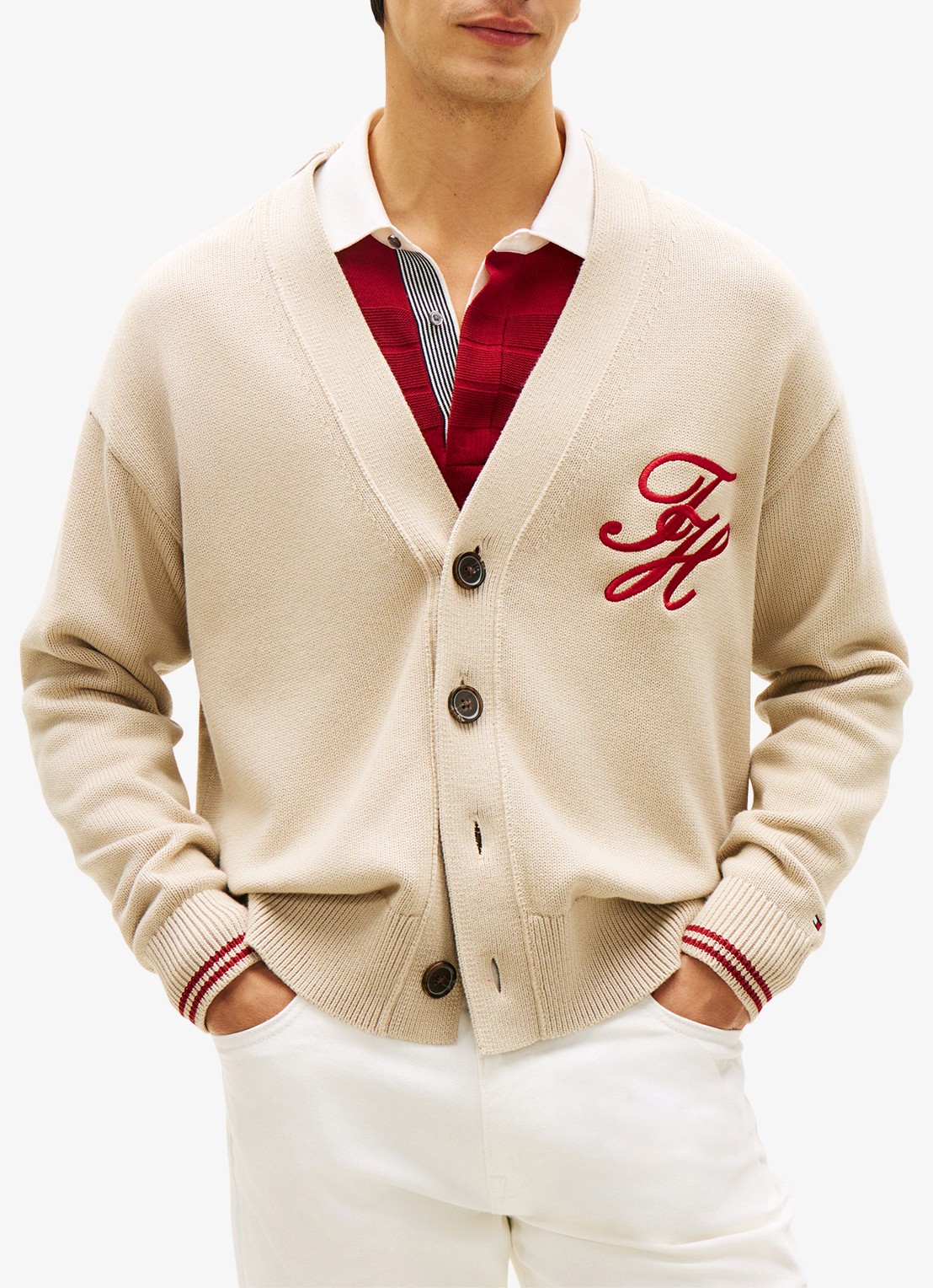 Tommy Hilfiger Grofgebreid vest met logoborduring - detail 4 beige