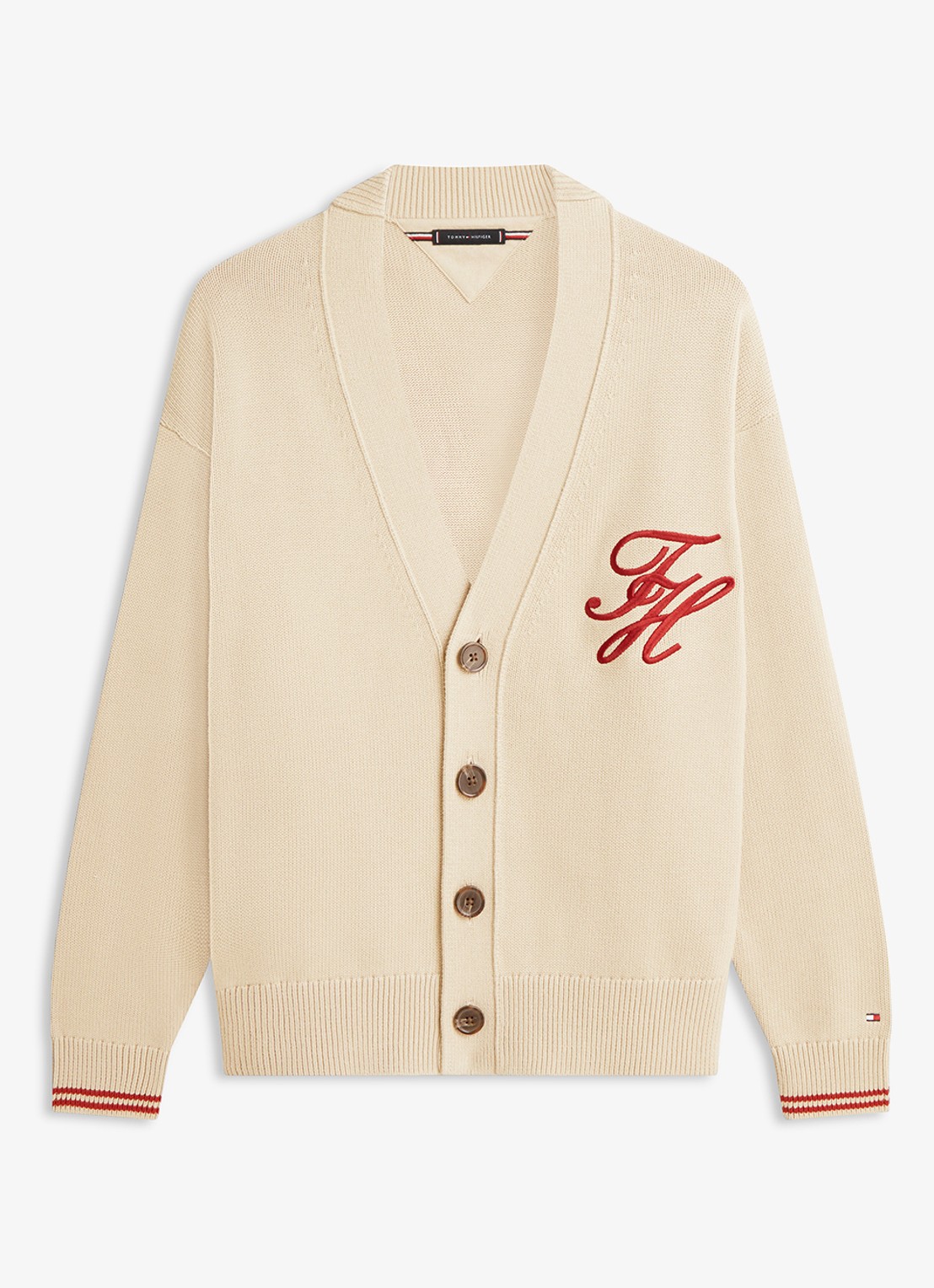 Tommy Hilfiger Grofgebreid vest met logoborduring - voorkant beige